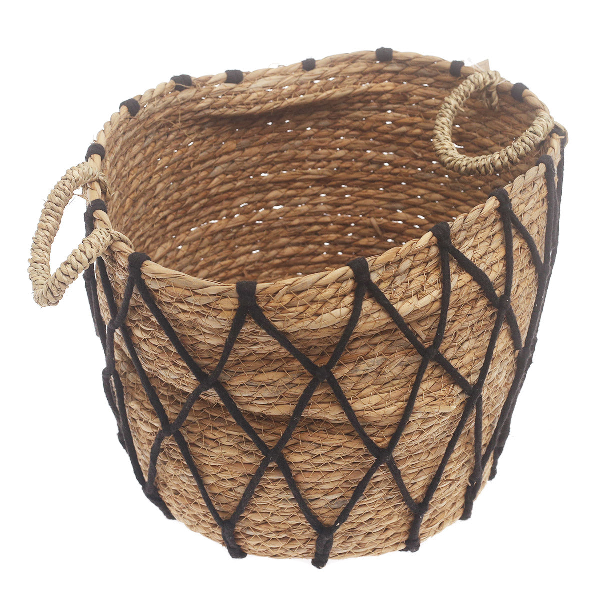 Large Woven Storage Basket with Black Rope Detail – 12 x 12 x 10 Inch
