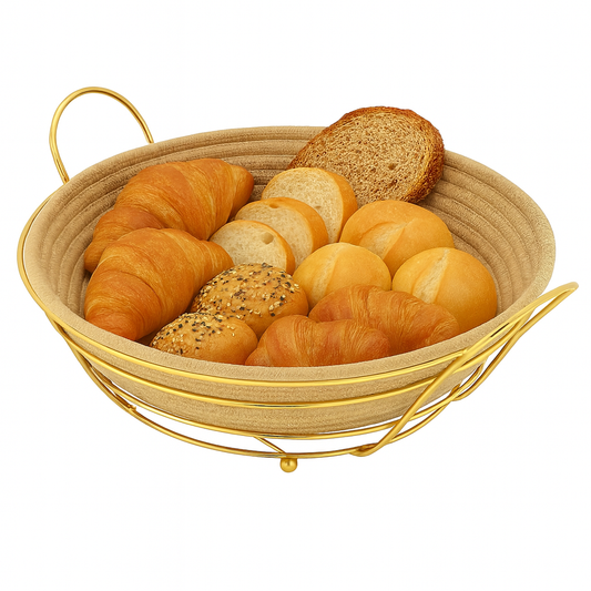 Round Bread Basket – Woven Design with Golden Frame