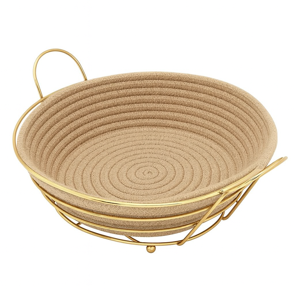 Round Bread Basket – Woven Design with Golden Frame